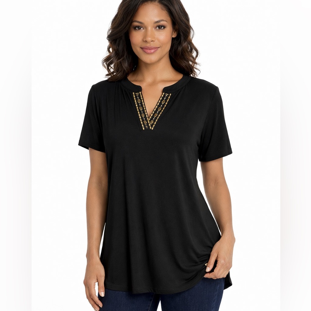 Jones New York Black Short Sleeve Business Office Gold Embellishments Blouse